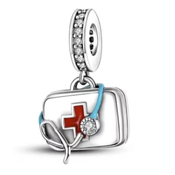 Sterling Silver Doctor's Medical Bag with Stethoscope Dangle Charm - Picture 1 of 4